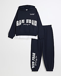 Girls Navy Hybrid Hoodie And Joggers Set River Island