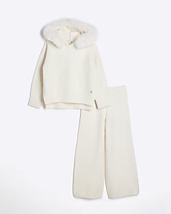 Girls Beige Ribbed Jumper Set