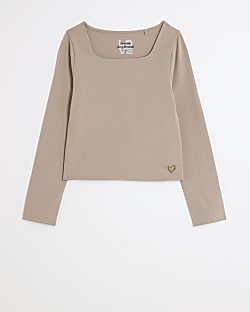 Girls beige square neck long sleeve top