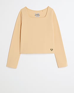 Girls coral square neck long sleeve top