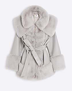 Girls Grey Faux Fur Belted Coat