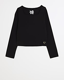 Girls black square neck long sleeve top