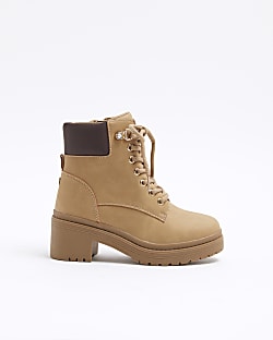 Girls Brown Heeled Hiker Lace Up Boots