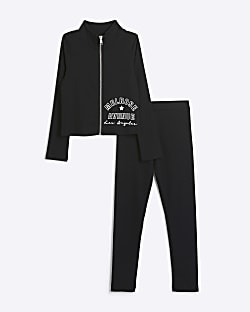 Girls black ribbed zip up sweatshirt set