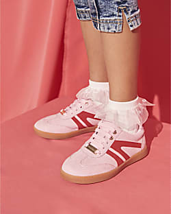 Girls pink lace up trainers River Island