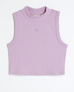 Girls purple ribbed high neck tank top