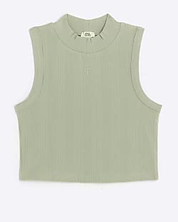 Girls green ribbed high neck tank top