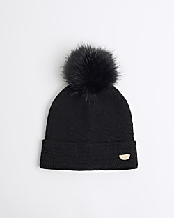 Girls Black Oversized Pom Pom Beanie