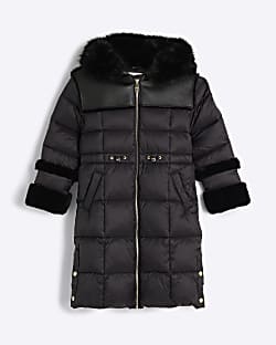 Girls Black Faux Fur Trim Puffer Jacket River Island