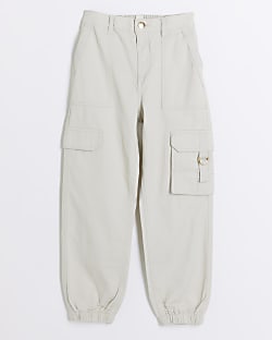 Girls beige herringbone cargo trousers