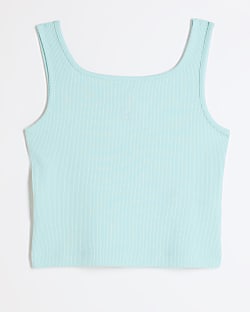 Girls Blue Ribbed Embroidered Logo Crop Vest