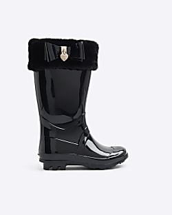 Girls Black Faux Fur Bow Wellies River Island