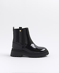 Girls black patent stud chelsea boots River Island