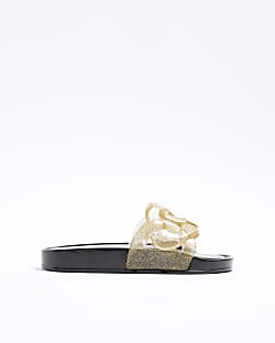 Girls gold glitter chain sliders River Island