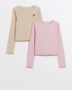 Girls pink lettuce hem long sleeve top 2 pack