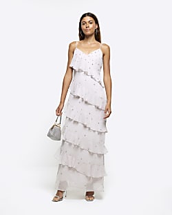 Grey frill diamante slip maxi dress