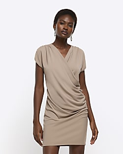 Brown drape wrap bodycon mini dress