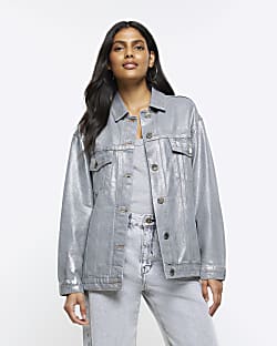 Blue oversized embellished denim jacket River Island