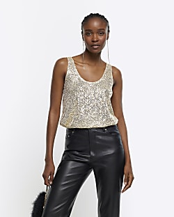 Gold sequin tank top River Island
