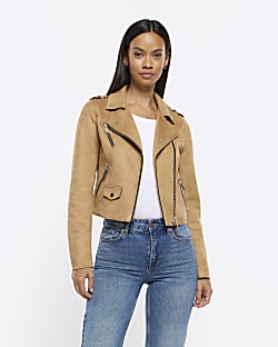 Blue suedette crop biker jacket River Island