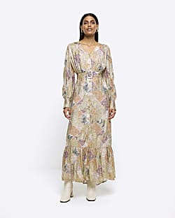 Gold floral patchwork belted swing midi dress
