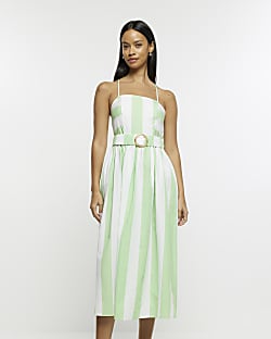 Pink stripe belted swing midi dress River Island