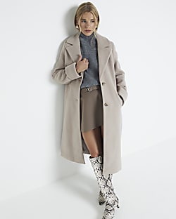 Grey button up longline coat River Island