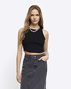 Black ribbed crop racer top