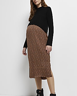 Black 2 in 1 leopard maternity midi dress