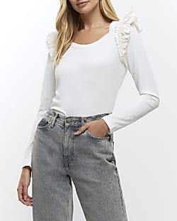 Cream rib frill long sleeve top
