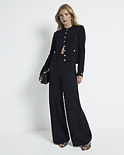 Navy Stitched Wide Leg Trousers River Island