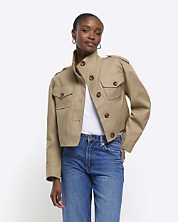 Beige button up crop trench coat River Island