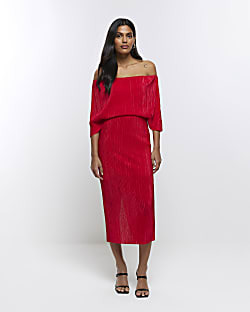 Red bardot drape plisse midi dress