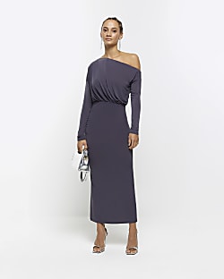 Grey off shoulder bodycon midi dress