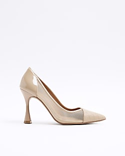 Black mesh panel heeled court shoes River Island