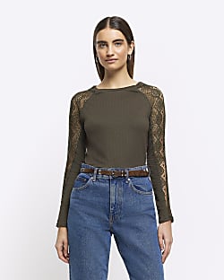 Khaki rib lace long sleeve top