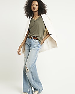 White v neck t shirt with blazer cheap