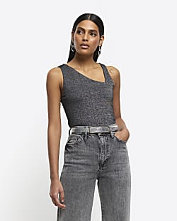 Black glitter asymmetric tank top