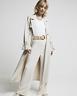 Cream tie cuff belted duster coat