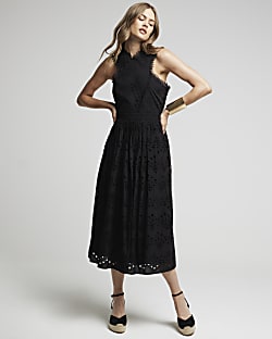 Black broderie cross neck smock midi dress
