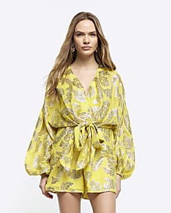Green metallic detail tie waist playsuit River Island