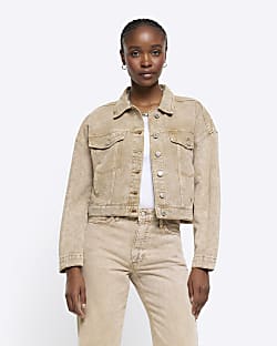 Beige cropped denim jacket River Island