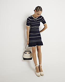 Navy knit stripe peplum skater mini dress