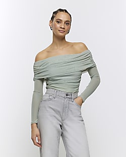 Green ruched bardot top River Island