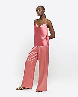 Khaki satin pull on wide leg trousers River Island