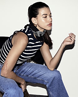 Navy rib stripe tank top