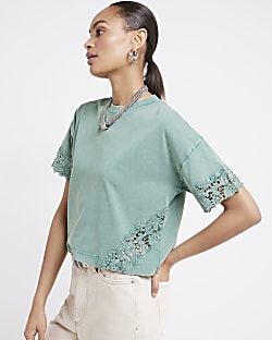 Green lace panel t-shirt