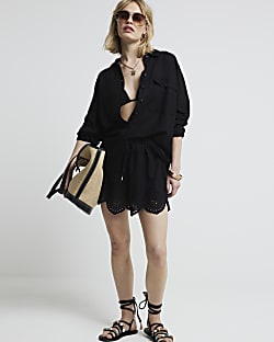 Black linen blend broderie detail shirt