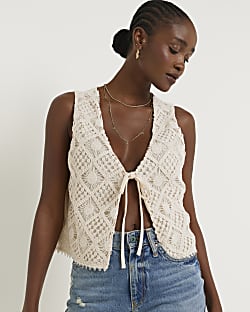 Cream Crochet Tie Up Waistcoat River Island