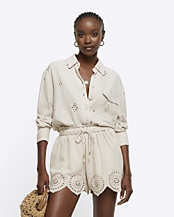 Stone linen blend broderie shorts